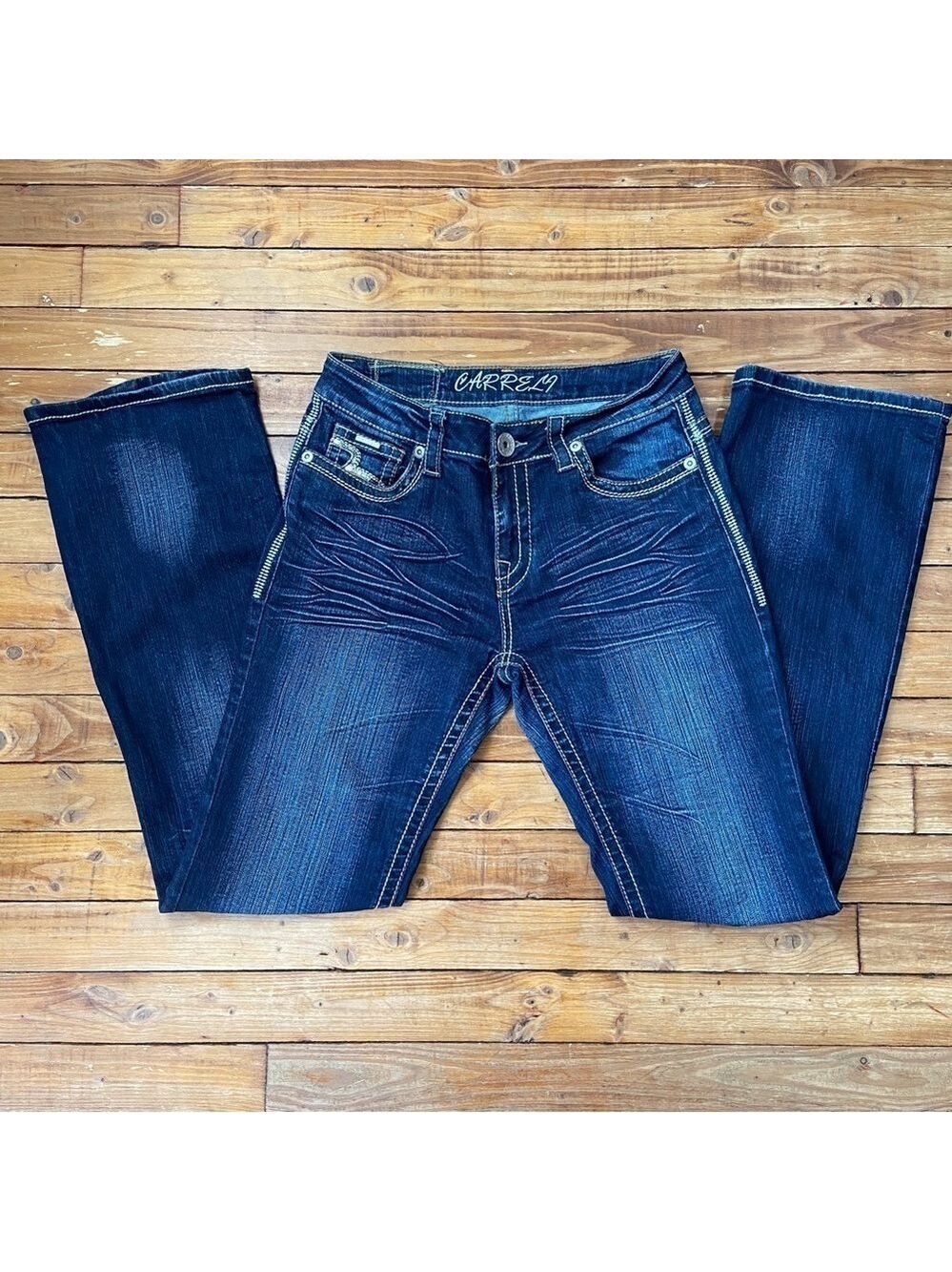CARRELI blue jeans sequin mid rise tall flare leg wide size 30 coastal cowgirl